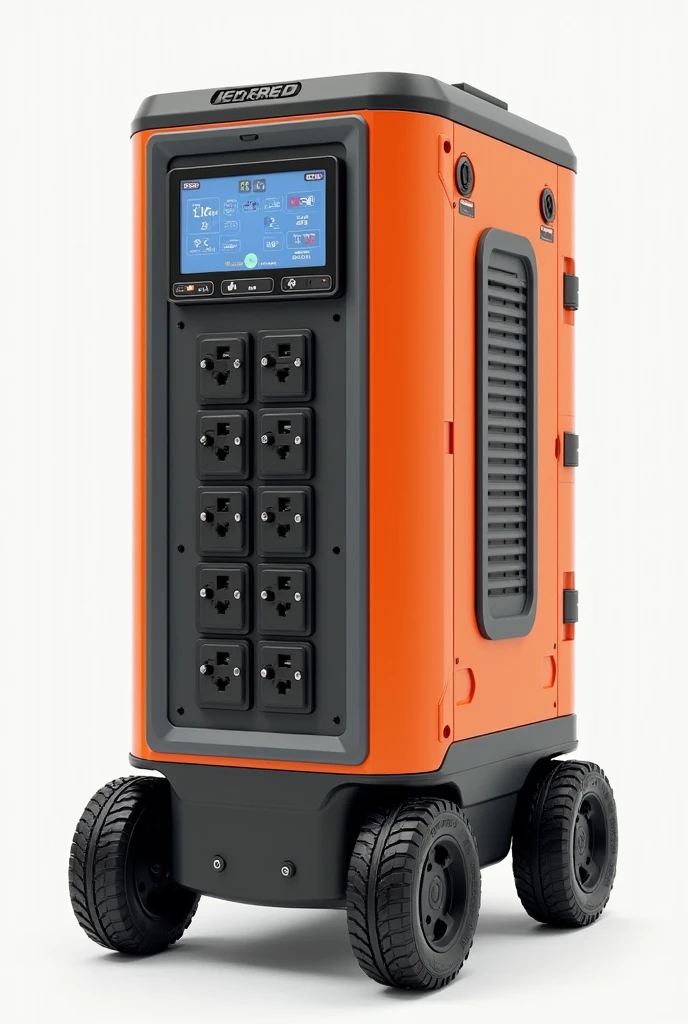 It has a control screen on the front, 4 230V socket inputs, and 4 USB ports and 3 Type-C inputs and is 60cm high. width 35cm. width 56cm. Power station with 4 wheels color is orange and gray 