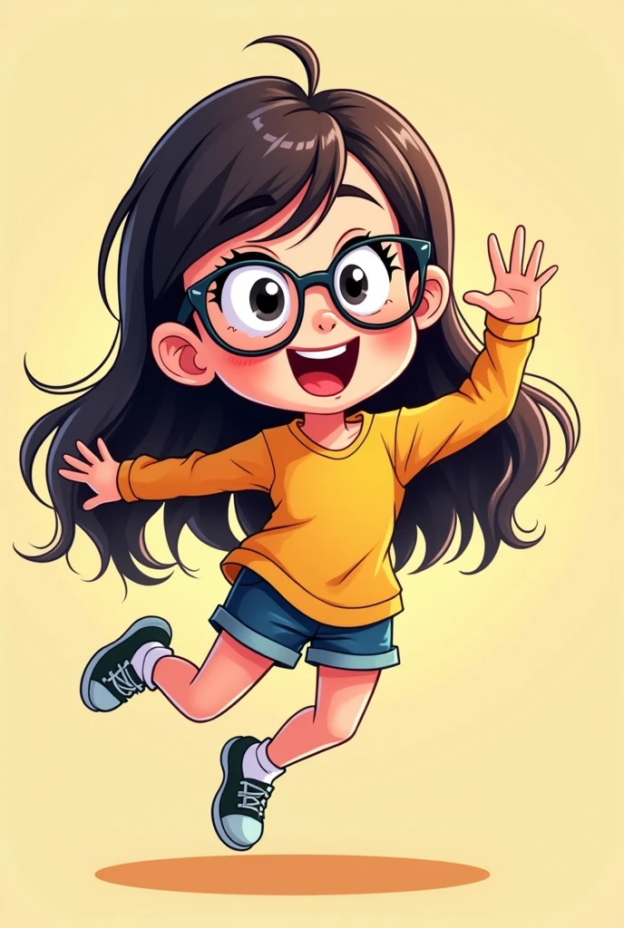 cute cartoonish girl, 1girl, smiling, happy expression, vibrant colors, dynamic pose, whimsical, comedic, slapstick, playful, exaggerated features, dynamic perspective, comic book style, bold outlines, dynamic lighting, warm color palette, high quality, detailed illustration, dynamic composition, humorous, expressive, fun, lively, appealing, charming, lighthearted, dynamic action, amusing, engaging con lentes cabello negro y un poco largo mas juvenil