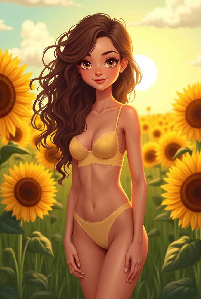 Cartoon white Woman with long brown kinky curly hair, hazel eyes standing in a sunflower field wearing lingerie