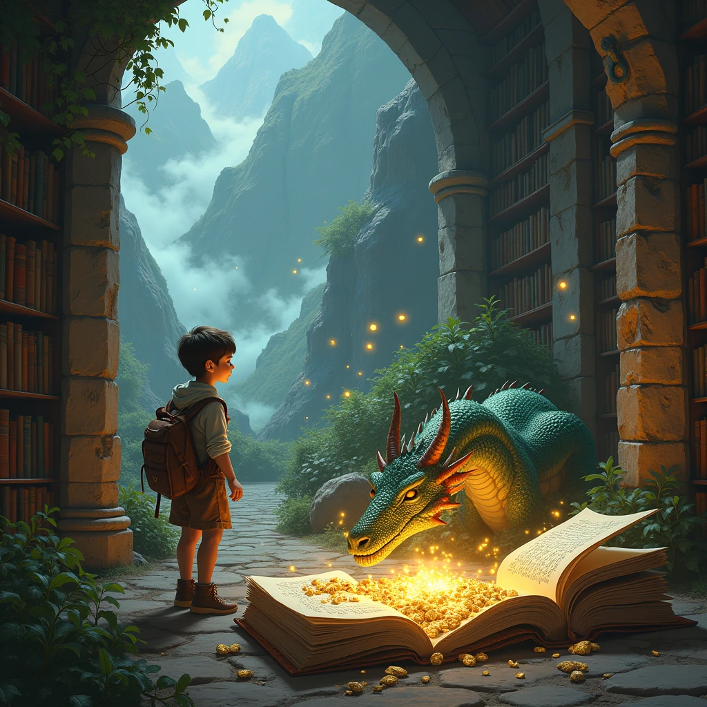 A young adventurer finds an ancient book in a mysterious library, depicting a sleeping dragon in a magical kingdom.