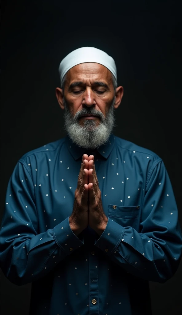 The image is a portrait of a middle-aged Muslim sitting at a table with his eyes closed and his hands clasped together in prayer. He is wearing a white cap and a blue shirt with small white polka dots. The background is dark and the lighting is dim, creating a moody atmosphere. The man appears to be deep in thought, with a serious expression on his face. The overall mood of the image is somber and contemplative.