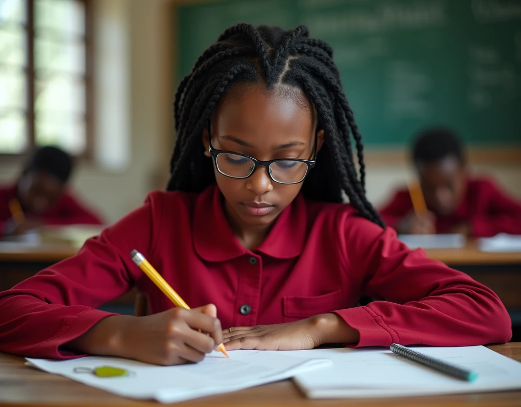 Developing cultural and intellectual skills, education according to the curricula prescribed for students , receiving information in the classroom, a close-up picture of a african student with glases wearing a red uniform sitting on a school desk, performing school assignments