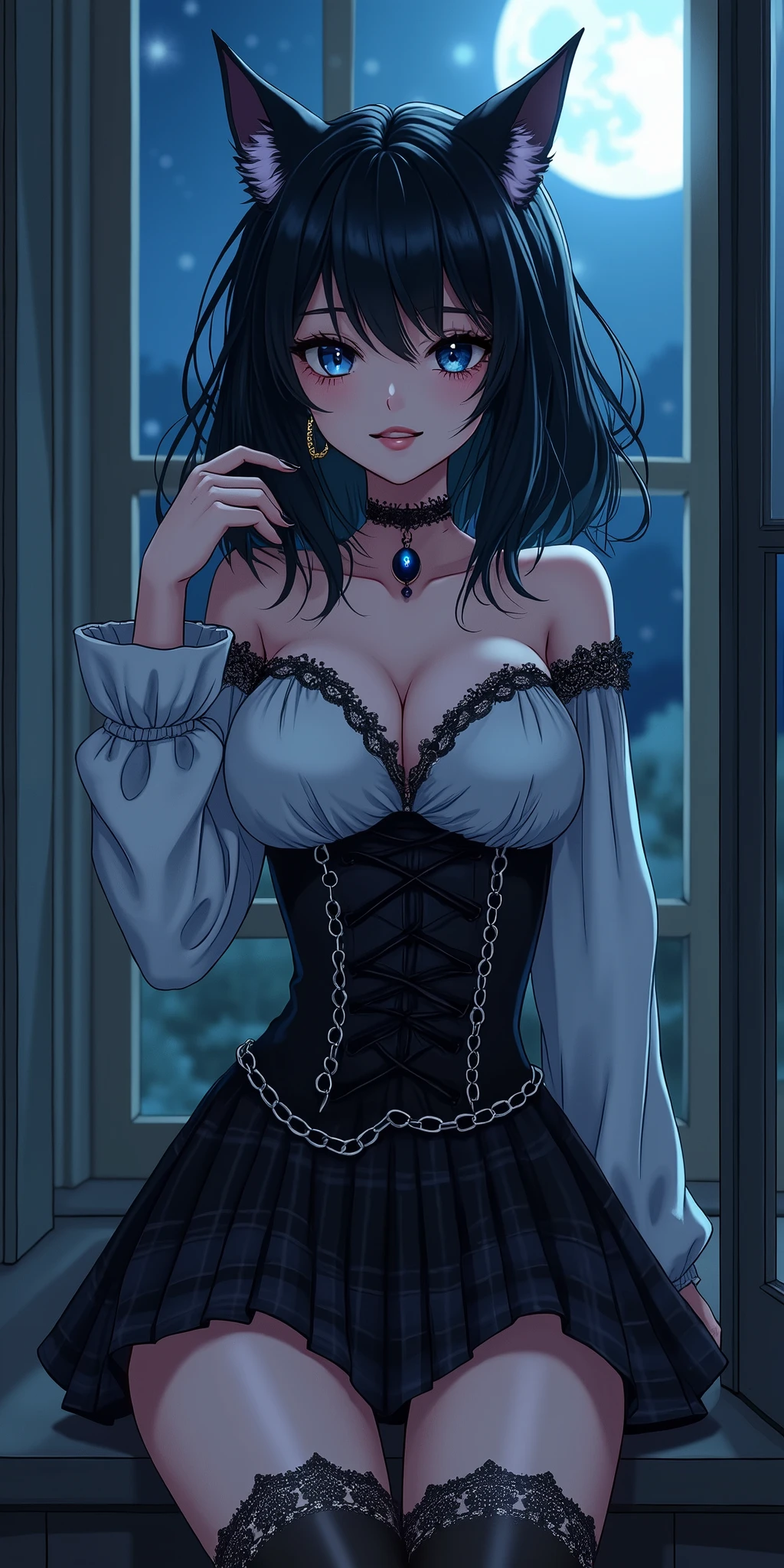 (best quality, ultra-detailed, photorealistic: 1.39), bright and vibrant colors, studio lighting, romantic expression, An effeminate Wolf-girl, with a delicate and beautiful face. Beautiful and adult sensual woman with her black hair matches the gothic makeup, her blue eyes and mischievous smile, with her large seductive breasts, cleavage, gothic style blouse, strapless lace blouse, plaid pleated skirt, black lace socks, chain details on the skirt, on the porch of the house at night, full moon, night, manga style, anime features manga style, fully body , she is in love, anime style