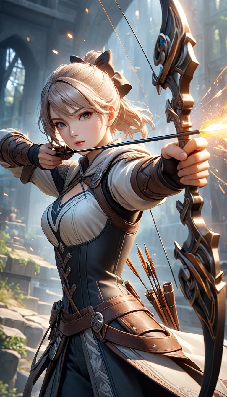 Fusing various styles to create a new style, 
Combining various techniques to create delicate and bold compositions, 
An attractive archer, Shoot something unexpected with your bow, Shoot it at the audience, 
dynamic shot, ankle in the frame, 
Detailed and realistic texture, Professional artwork, Fine spray work, Powder coating for a three-dimensional look,