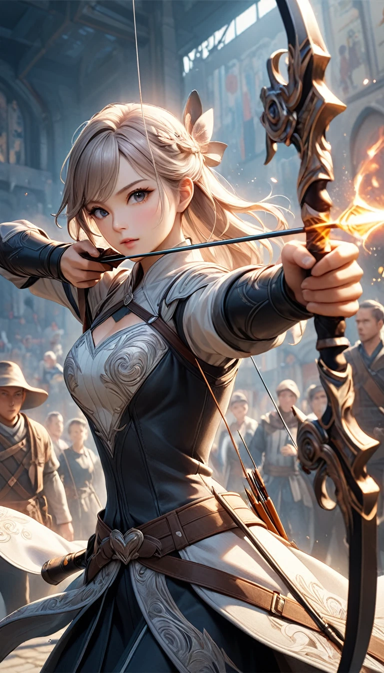 Fusing various styles to create a new style,
Combining various techniques to create delicate and bold compositions,
An attractive archer, Shoot something unexpected with your bow, Shoot it at the audience,
dynamic shot, ankle in the frame,
Detailed and realistic texture, Professional artwork, Fine spray work, Powder coating for a three-dimensional look,