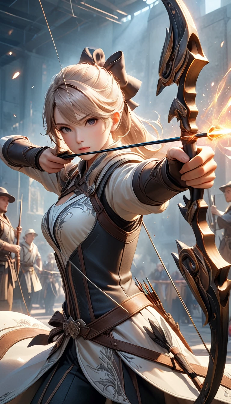 Fusing various styles to create a new style,
Combining various techniques to create delicate and bold compositions,
An attractive archer, Shoot something unexpected with your bow, Shoot it at the audience,
dynamic shot, ankle in the frame,
Detailed and realistic texture, Professional artwork, Fine spray work, Powder coating for a three-dimensional look,