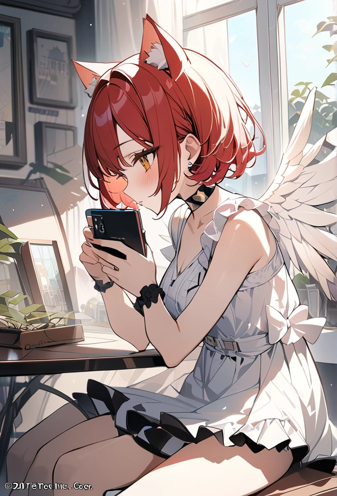,playing mobile game々)vtuber, cool beauty, sunflower shaped choker, (masterpiece, highest quality), official art, beautiful and aesthetic: 1.2), (1 girl), very detailed, (geometry art: 1.3), red colorful、red short bob hair、cat ear、 whole body, angel wings, white ta, playing mobile game,