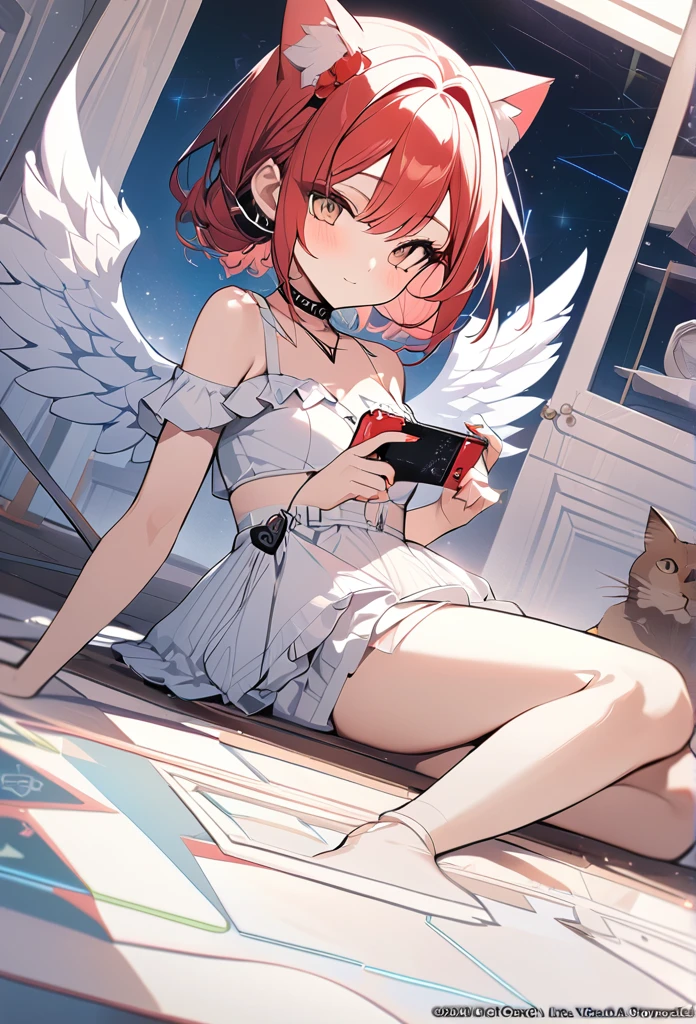,playing mobile game々)vtuber, cool beauty, sunflower shaped choker, (masterpiece, highest quality), official art, beautiful and aesthetic: 1.2), (1 girl), very detailed, (geometry art: 1.3), red colorful、red short bob hair、cat ear、 whole body, angel wings, white lolita, playing mobile game,