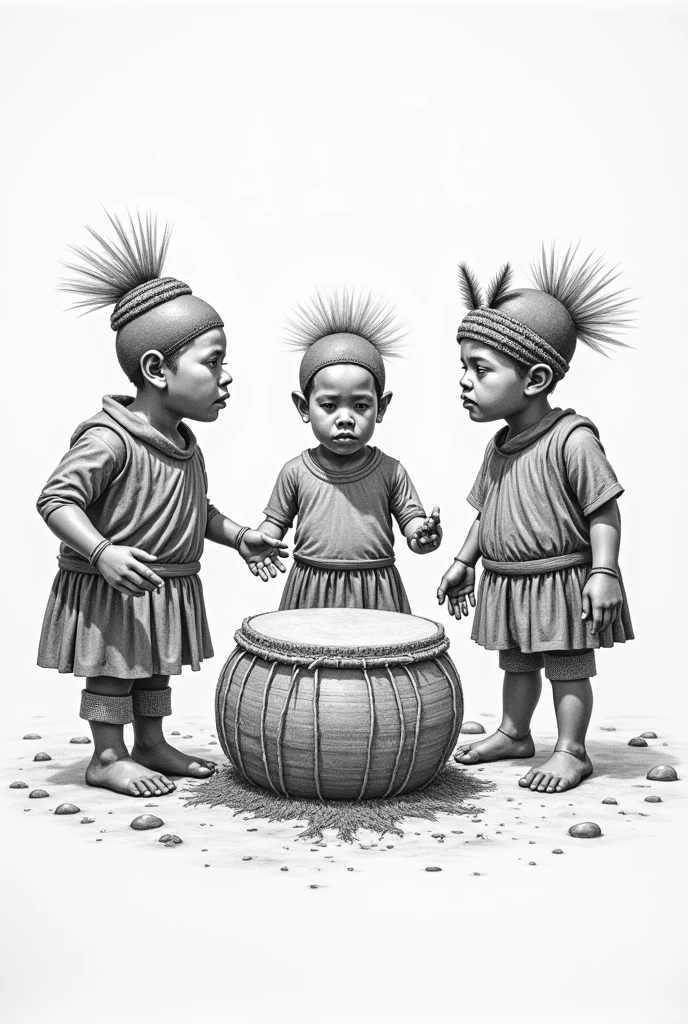 A pencil drawing (unpainted)of 3 caboclos around an atabaque