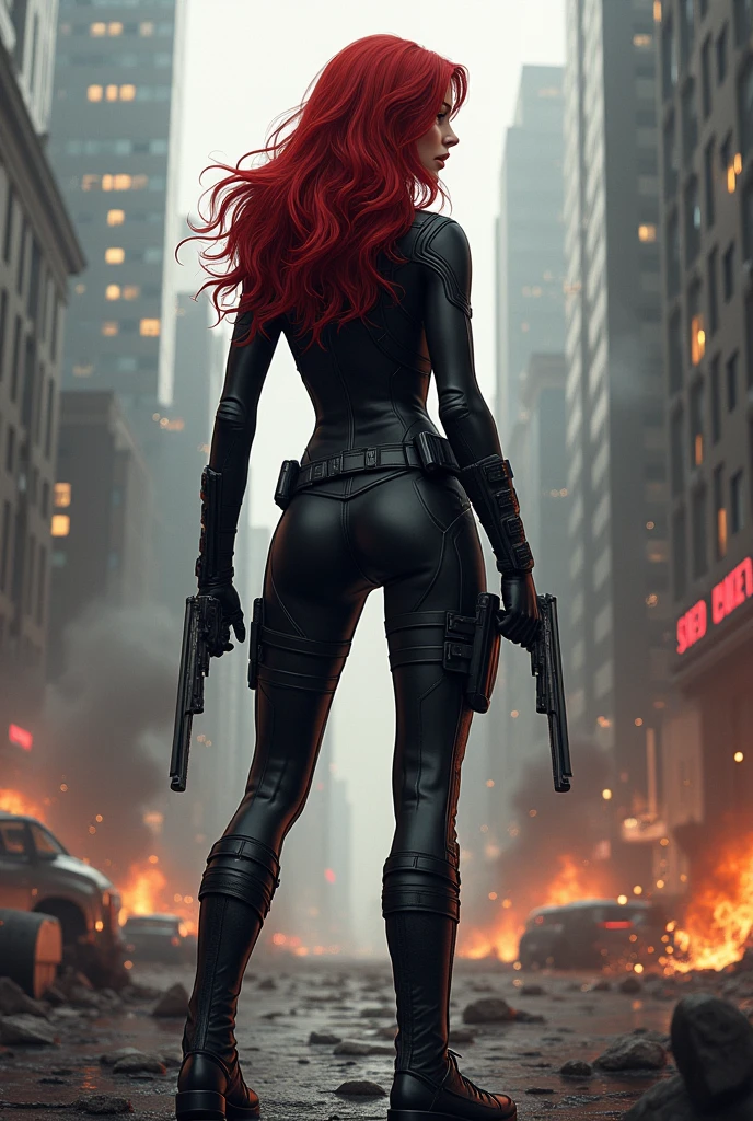 Create a description or scene featuring Black Widow from the Avengers, focusing on her from a rear view. Highlight her combat-ready stance, detailed costume design, and the dynamic environment around her, emphasizing her preparedness and tactical prowess.