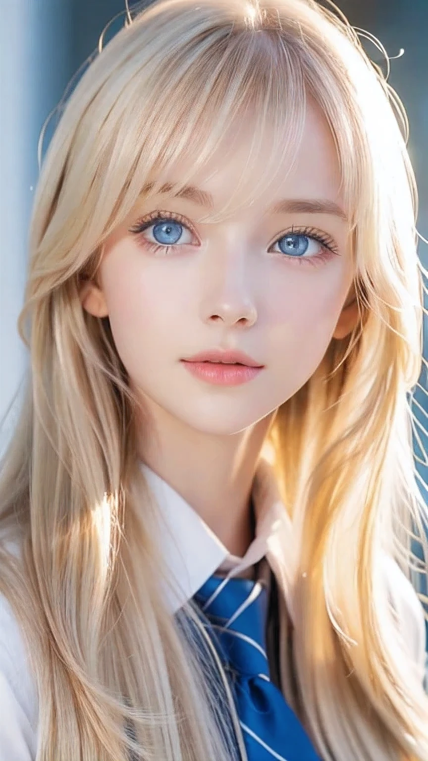 A very beautiful Nordic girl、Super long silky shiny metallic butter blonde hair、Cute beautiful girl with sexy messy bangs、Hair above the eyes、片Hair above the eyes、Hair between the eyes、uniform、Super long beautiful blonde hair、Beautiful bangs between the eyes、Very beautiful cute face、Cute beautiful gentle expression、high school girl、Big, pale, very bright sky blue eyes that shine beautifully、Small Face Beauty、Round face、Snow-white glossy skin、
