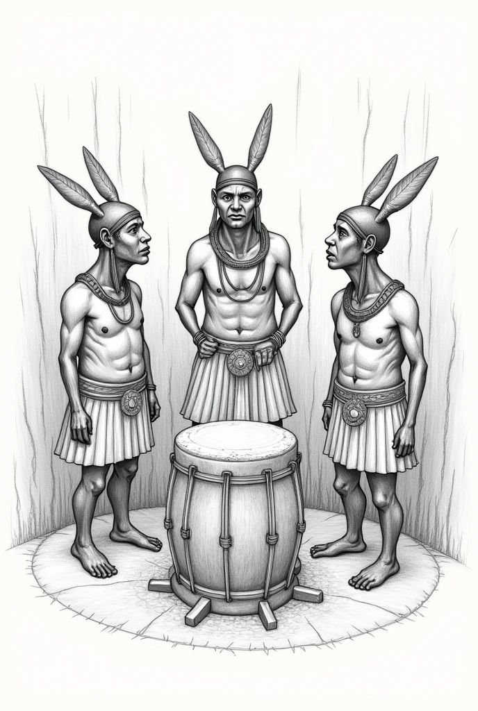 A pencil drawing (unpainted)of 3 caboclos around an atabaque