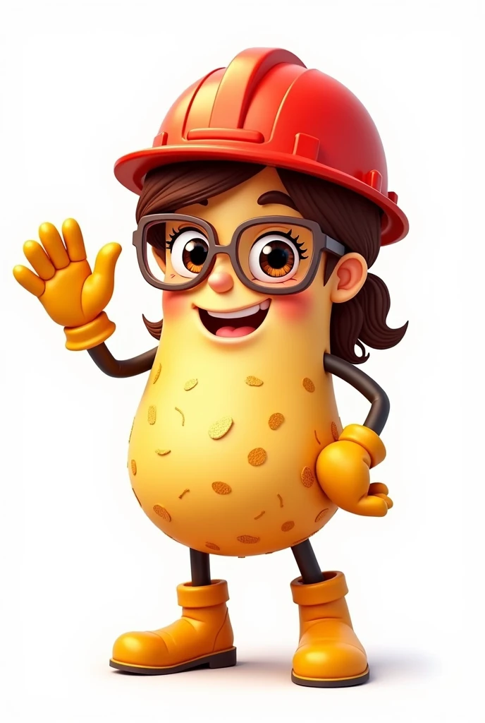 create on white background. a female potato chip shaped mascot with legs and boots, with arms and gloves, waving. wearing red safety helmet and safety glasses