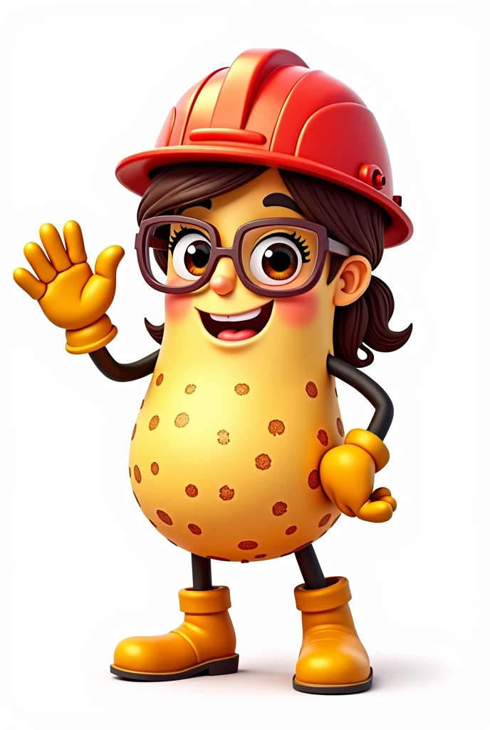 create on white background. a female potato chip shaped mascot with legs and boots, with arms and gloves, waving. wearing red safety helmet and safety glasses