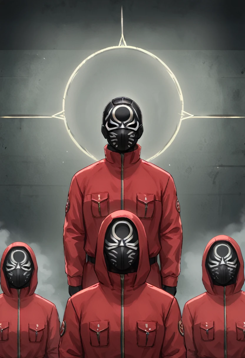 group of masked soldier, red jumpsuit, black face mask, circle symbol on the mask, seated, pitch-black room, eerie silence, minimal lighting, isolated figure, faceless, ominous presence, tense atmosphere, solitary, oppressive darkness, disciplined posture, geometric design, stark contrast