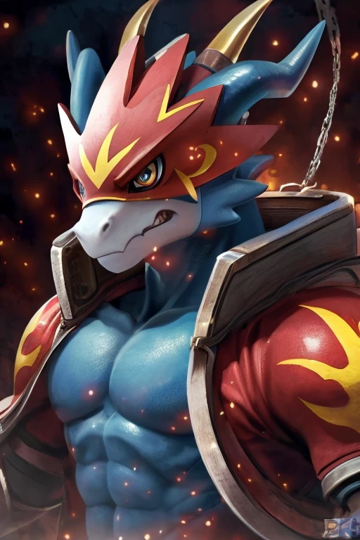 masterpieces,official art,The second,male,flamedramon,angry face,determined eyes,hull,horn, digimon, Upper part of the body, depth of field, perfect lighting, light particles,(Best Quality),(masterpiece),(ultra detailed),sharp focus,light particles