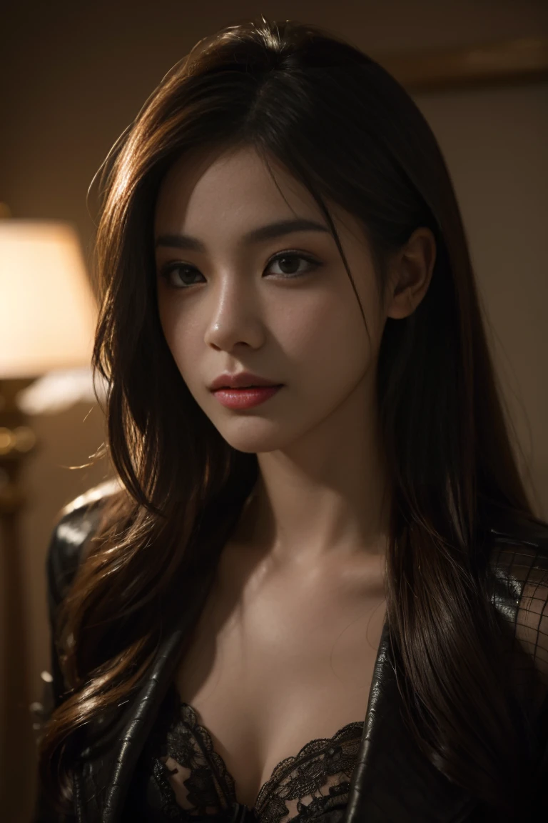 one girl,korean,fishnet,large breasts,high heels,trench coat,long hair,little smile,realistic,photorealistic,photo-realistic:1.37,best quality,4k,8k,highres,masterpiece:1.2,ultra-detailed,realistic portrait,beautiful detailed eyes,beautiful detailed lips,extremely detailed face and eyes,long eyelashes,dramatic lighting,cinematic,moody,atmospheric,intricate details