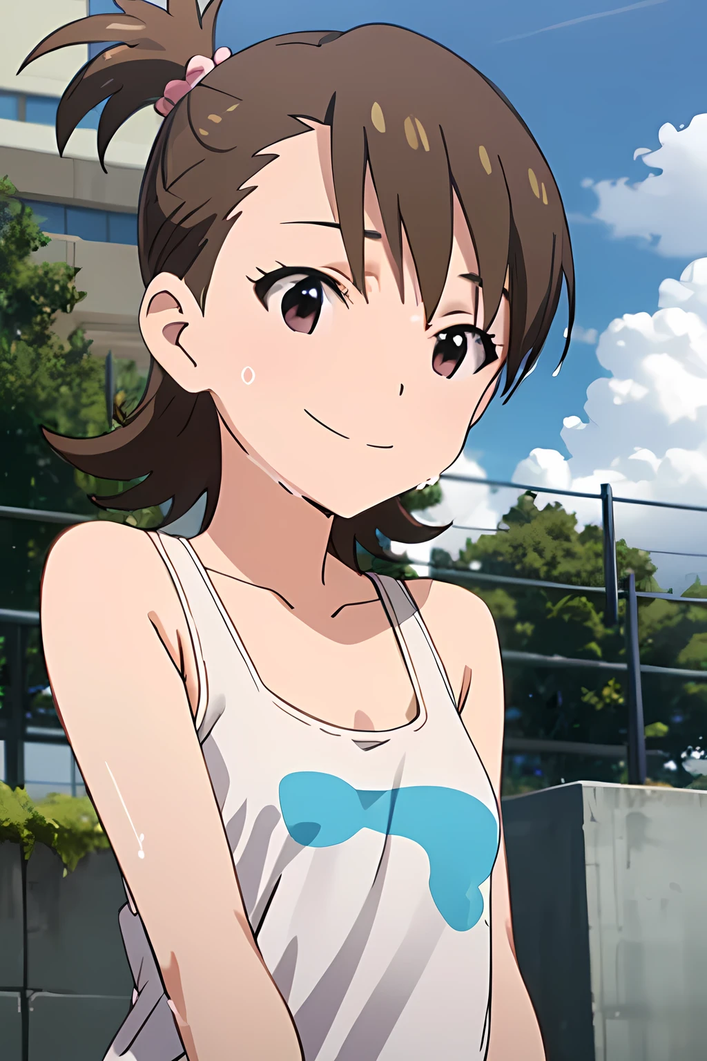 (UHD)、best quality、ami futami、white tank top、smile、wet skin、upper body