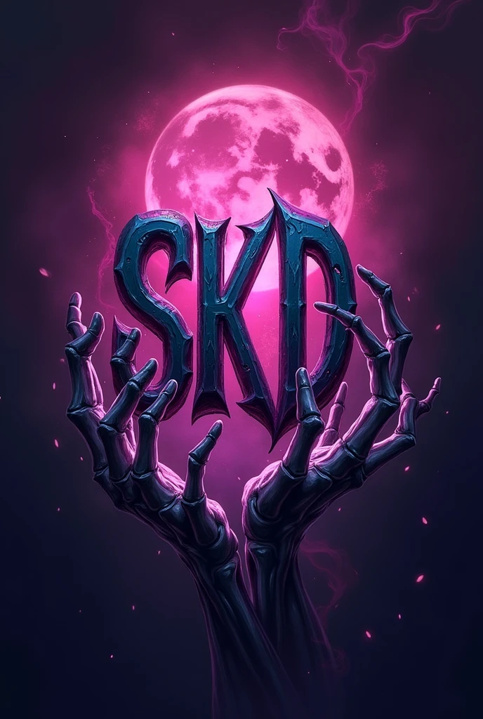 Gaming logo with the letters (s.k.D) that has purple and pink with souls around it and the hands of death holding it