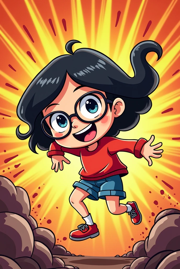 cute cartoonish girl, 1girl, smiling, happy expression, vibrant colors, dynamic pose, whimsical, comedic, slapstick, playful, exaggerated features, dynamic perspective, comic book style, bold outlines, dynamic lighting, warm color palette, high quality, detailed illustration, dynamic composition, humorous, expressive, fun, lively, appealing, charming, lighthearted, dynamic action, amusing, engaging con lentes cabello negro que sea mas sensato juvenil