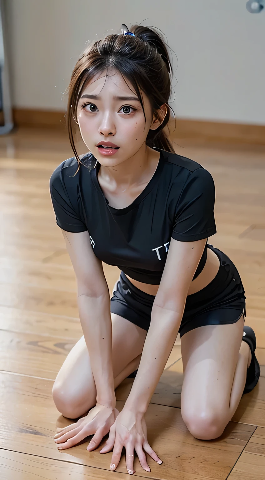 Very detailed CG Unity 8k wallpaper、Highest quality、Very detailed、masterpiece、reality、reality、Very detailedなかわいい、1、(Japanese women)、((Plain black short sleevesTshirt:1.5))、((A high school girl wearing black sports shorts:1.4))、((Photographed from the front:1.4))、((Standing in an empty room:1.4))、((Standing confused:1.4))、blush、Cleft lip、Looking at the audience、((Cowboy Shot:1.4))、((Black ponytail:1.7))、(Beautiful Face:1.3)、(Perfect balance:1.2)、(Long legs:1.2)、(Small breasts:1.3)、((Upper Body))、((I am engaged in a martyrdom campaign.:1.4))、((Sitting on all fours on the floor:1.5))、Angle from below、reality、((TThe shirt is see-through:1.7))、((Confused expression:1.5))、