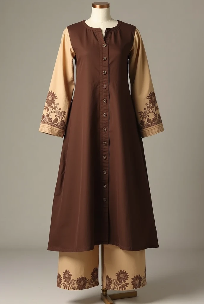 A open button full sleeve round kurti.Sleeve is beige colour & it has little rose on bottom of the sleeve that is chocolate colour. The whole body of the dress is chocolate colour...& the dress has a open button system & a slight divive on the bottom...the button color is chocolate.... Show me full image.....sleeve rose is printed rose....button is on whole body & has a divide in the bottom portion of the dress &pant is also beige colour...more Design 


