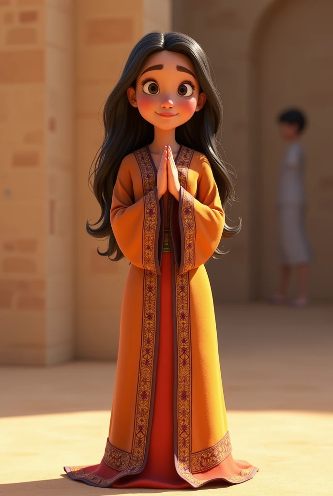 young woman praying standing with israelite robe animated pixar