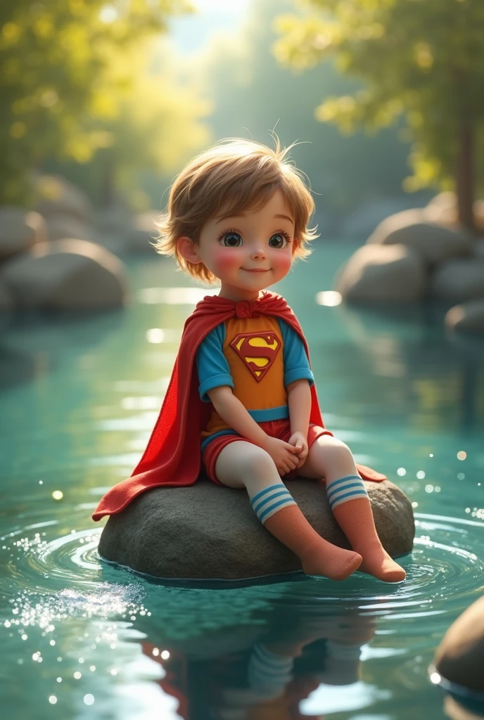 Disney, about , floating gently on a calm, sparkling river. He's sitting on a rock, facing the front , A serene smile lights up your face, conveying a sense of joy and inner peace. His outfit consists of a superhero costume., and their feet are dressed in stockings, hanging while he is sitting