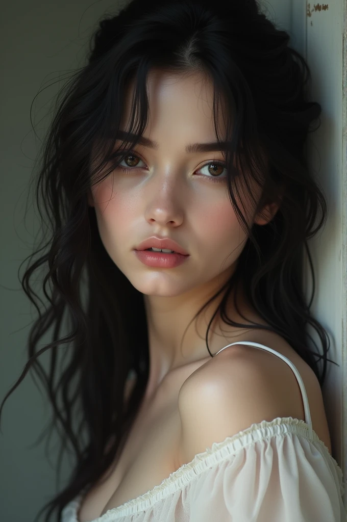 Nude dark hair angelface  woman looking at canera