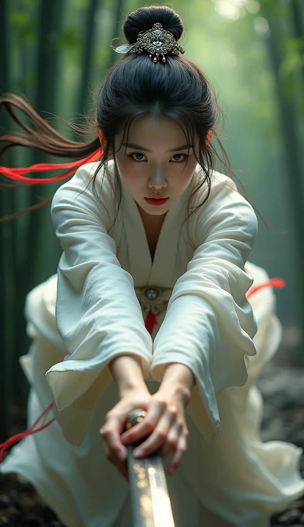 To shoot from above. art：Zao Wou-ki Extreme Close-up, Focus on the face, 白いHanfuを着た女, 白い透明なベールを身に着けた中国のsword士は竹林の上に浮かび、Stretch your body, Solo GoPro photoshoot, Enemy falling to the ground, Background with ancient Chinese bamboo forest, コンセプトart QingKung 1girl( Super View, Ultra Wide Angle:1.6)(horizon:1.3), (evening, sunset:1.3)(dramatic, Grainy, intense:1.4),masterpiece, Highest quality, 8k, Insane Details, Intricate details, Super detailedな, super high quality, Attention to detail, Super detailed, masterpiece, One person,alone, Hanfu,dress,Red ribbon,jewelry,Wind,Long sleeve,Long Hair, hair ornaments,Tassel, (whole body:0.8), Have a weapon, sword, A tense shot of a realistic bamboo forest Chinese architecture looking at the viewer(Visual impact,Give your poster a dynamic and visually striking look:1.2),Chinese Zen Style,High-impact photos,

