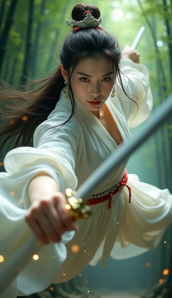 To shoot from above. art：Zao Wou-ki Extreme Close-up, Focus on the face, 白いHanfuを着た女, 白い透明なベールを身に着けた中国のsword士は竹林の上に浮かび、Stretch your body, Solo GoPro photoshoot, Enemy falling to the ground, Background with ancient Chinese bamboo forest, コンセプトart QingKung 1girl( Super View, Ultra Wide Angle:1.6)(horizon:1.3), (evening, sunset:1.3)(dramatic, Grainy, intense:1.4),masterpiece, Highest quality, 8k, Insane Details, Intricate details, Super detailedな, super high quality, Attention to detail, Super detailed, masterpiece, One person,alone, Hanfu,dress,Red ribbon,jewelry,Wind,Long sleeve,Long Hair, hair ornaments,Tassel, (whole body:0.8), Have a weapon, sword, A tense shot of a realistic bamboo forest Chinese architecture looking at the viewer(Visual impact,Give your poster a dynamic and visually striking look:1.2),Chinese Zen Style,High-impact photos,

