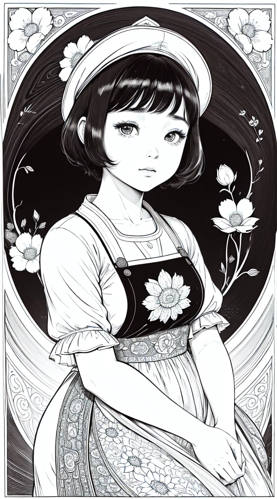 As a coloring book, white and black color, borders should be simple, clear, distinct, and thick lines, By Cartoon picture book of a beautiful Asian girl with short brown hair, A girl looking at camera, (Campo de flores), (Closeup), retrato, nuvem, arte de linha