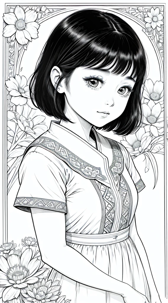 As a coloring book, white and black color, borders should be simple, clear, distinct, and thick lines, By Cartoon picture book of a beautiful Asian girl with short brown hair, A girl looking at camera, (Campo de flores), (Closeup), retrato, nuvem, arte de linha