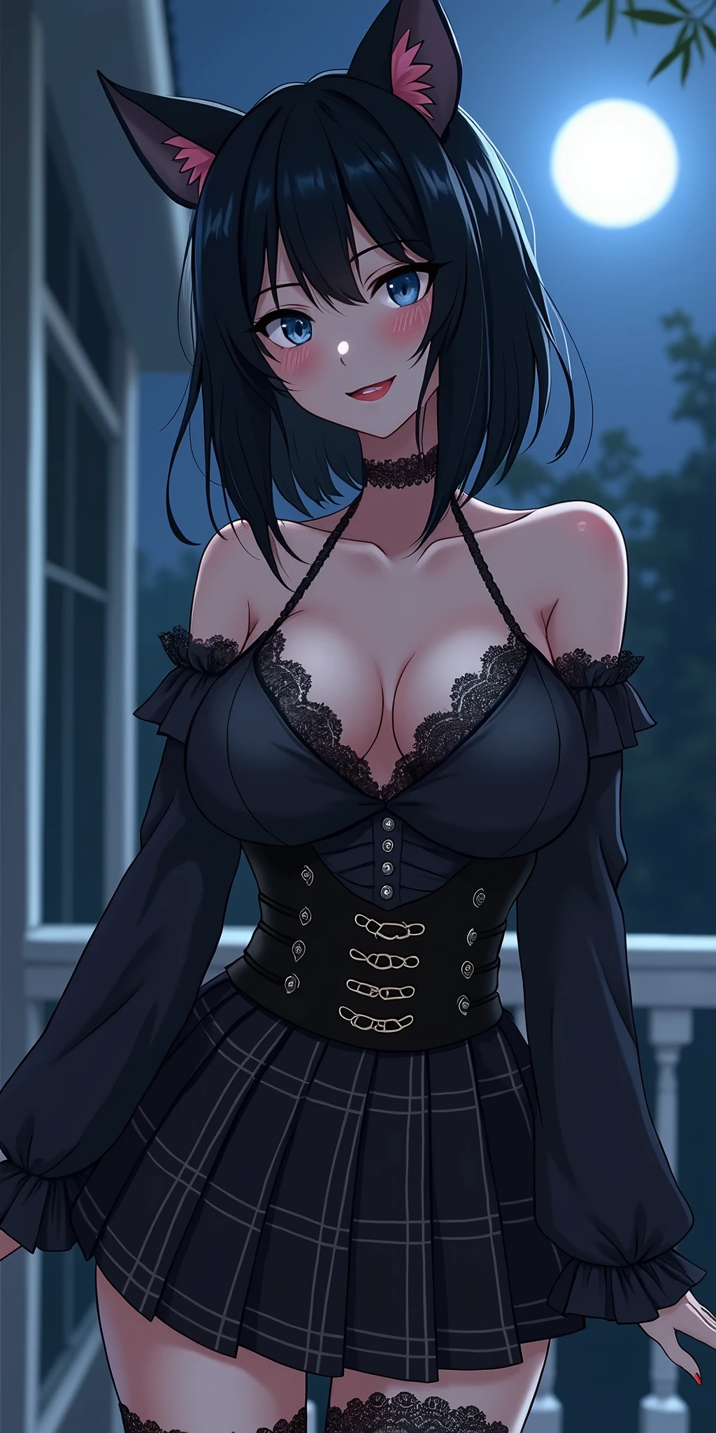 (best quality, ultra-detailed, photorealistic: 1.39), bright and vibrant colors, studio lighting, romantic expression, An effeminate Wolf-girl, with a delicate and beautiful face. Beautiful and adult sensual woman with her black hair matches the gothic makeup, her blue eyes and mischievous smile, with her large seductive breasts, cleavage, gothic style blouse, strapless lace blouse, plaid pleated skirt, black lace socks, chain details on the skirt, on the porch of the house at night, full moon, night, manga style, anime features manga style, fully body , she is in love, anime style