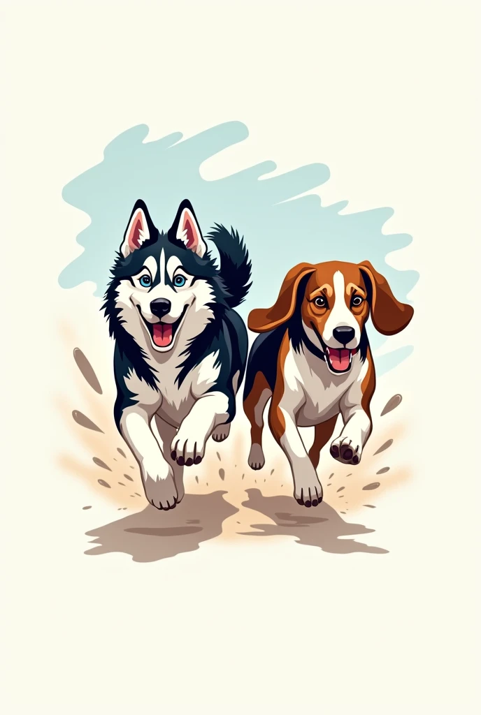 Image for a running club logo with an adult Siberian husky and an adult short-legged tricolor basset hound running towards the finish line as if they were in a race, that the animation is a little more realistic and detailed