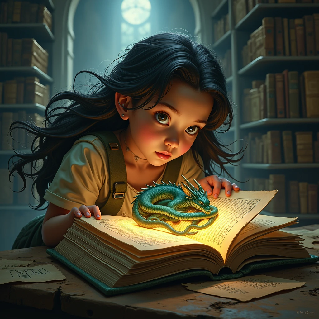 A young adventurer finds an ancient book in a mysterious library, depicting a sleeping dragon in a magical kingdom. with beautiful hair