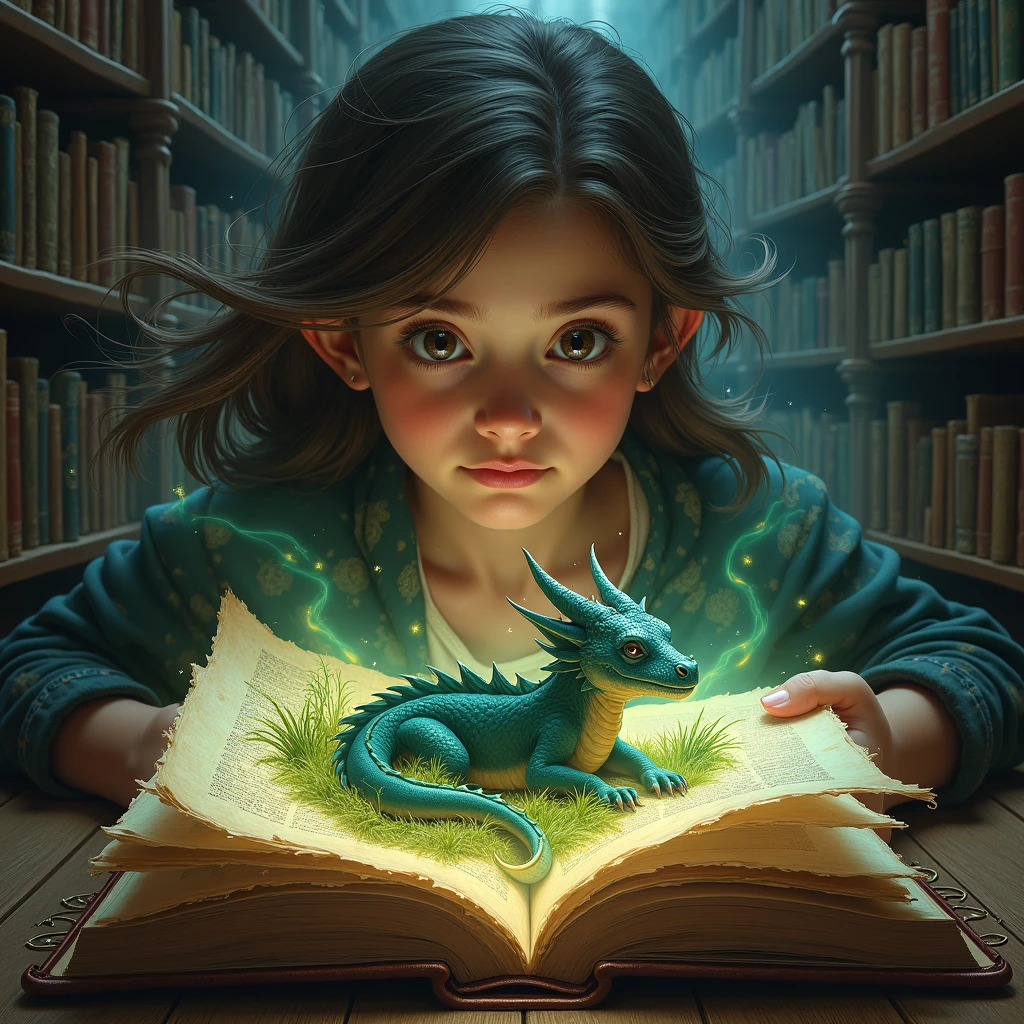 A young adventurer finds an ancient book in a mysterious library, depicting a sleeping dragon in a magical kingdom.   with beautiful hair 