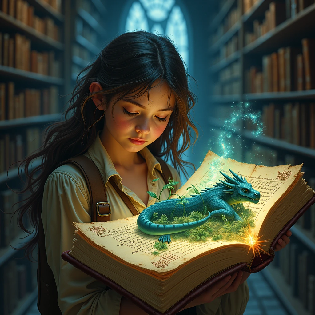 A young adventurer finds an ancient book in a mysterious library, depicting a sleeping dragon in a magical kingdom. with beautiful hair