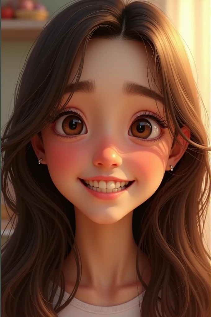 hair: His hair is long and straight, of a dark color, probably brown. The texture is soft and the hair falls naturally to the shoulders, framing her face. She doesn't wear her hair up, which highlights its length and shine.eyes: His eyes are large and dark brown., with a warm and friendly expression. They have a slightly almond shape, which gives them a lively and expressive look. The look is welcoming, conveying sympathy and kindness.nose: The nose is of medium size, with a slight curve that harmonizes perfectly with the rest of her features. It's a well-proportioned nose, that integrates naturally into her face.boca: Her mouth is one of the most prominent features, with a wide and sincere smile. The lips have a moderate thickness, and they are slightly arched upwards, which contributes to a naturally cheerful and open expression.Face Shape: The face has an oval shape, with high, well-defined cheekbones that accentuate the smile. The jawline is soft but defined, which adds balance and harmony to her features. The combination of these elements creates a face that radiates warmth and sympathy. photorealistic image