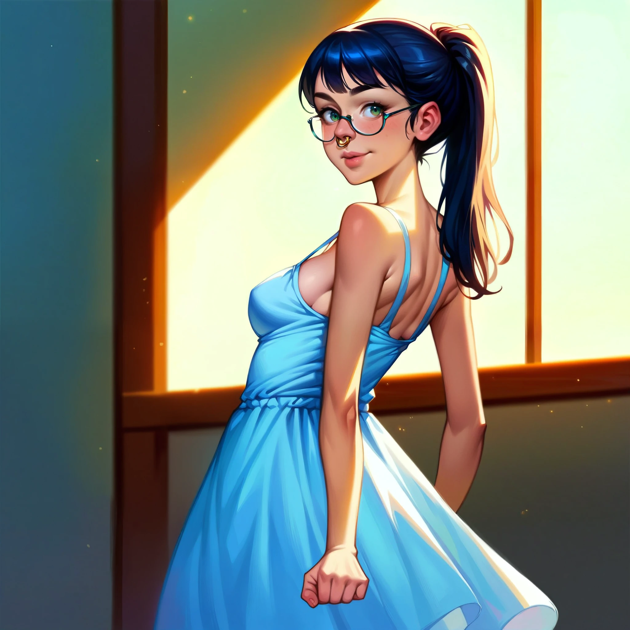 1girl, masterpiece, ((skinny girl, skinny arms)), ((small breasts)), best quality, realistic face, black and blue hair with bangs and ponytail, large glasses, , , , green eyes, nose ring, chubby cheeks, long nose, low nose, high lips, dark eyebrows, ((trad blue and grey sundress)), specular sunlight, ((golden hour lighting)), back porch background, dancing pose, big smile
