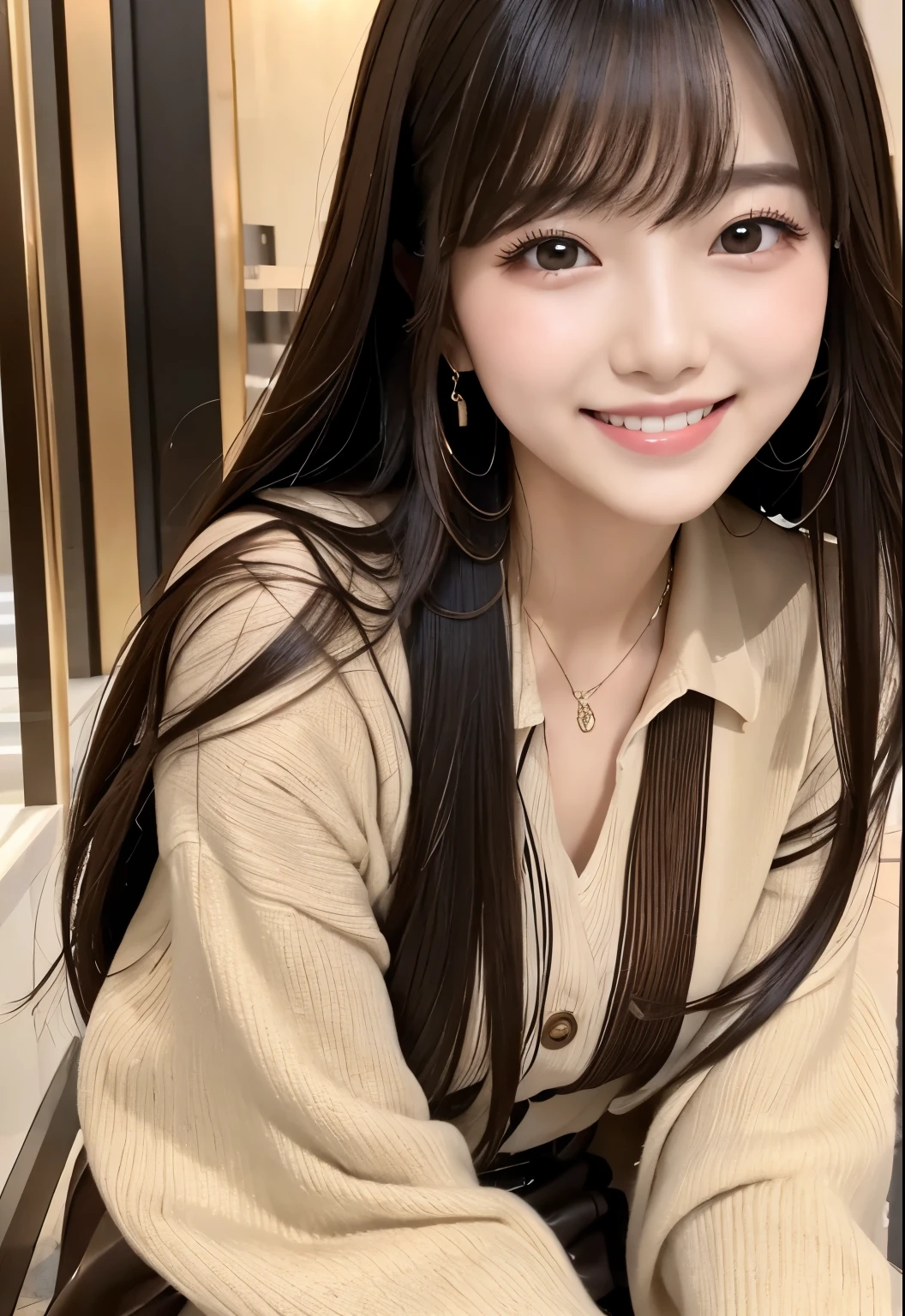 masterpiece、Highest quality、whole body、One Girl、bangs、Japanese、Long Black Hair、long hair、check style、Town、brown、smile、alone、Stylish woman、Pastel colored outfits、front、Luxury background elements、Confident expression、Modern and trendy、Fashion focused