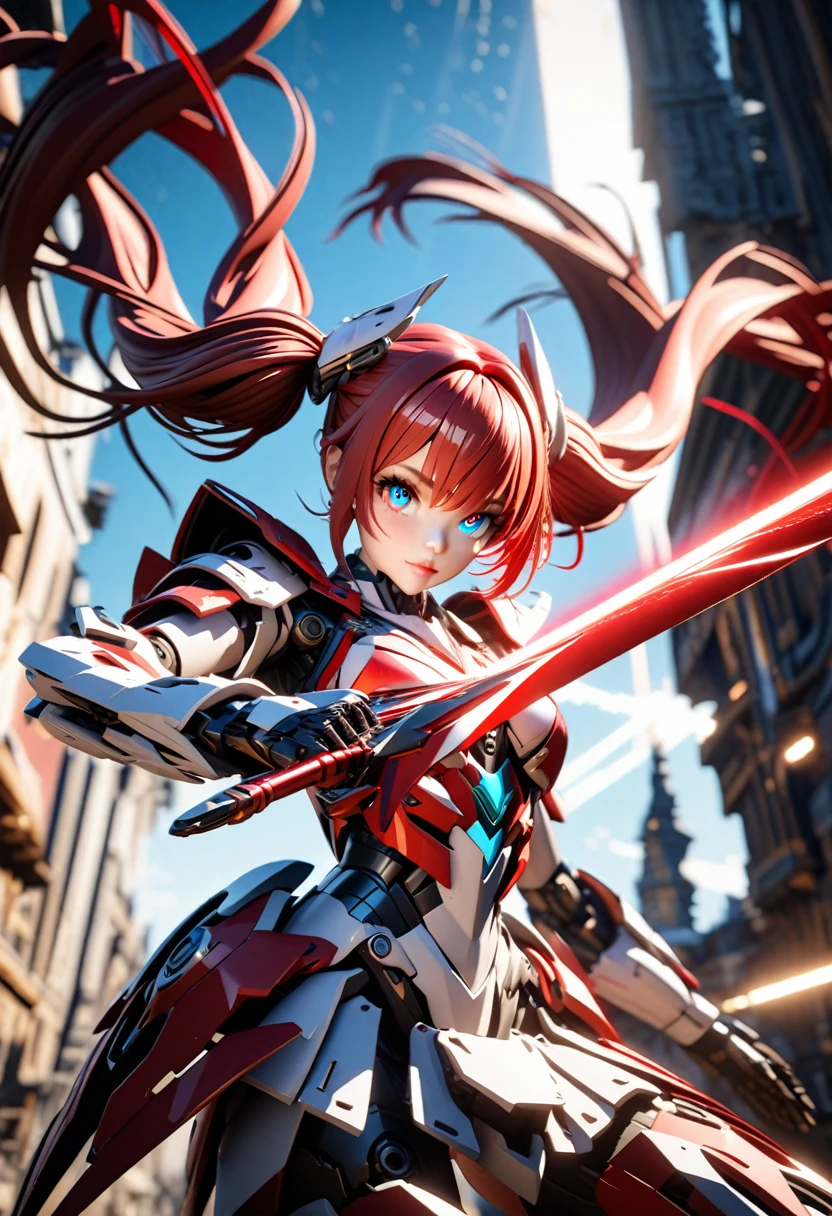 a detailed girl in mechanical red and white robot armor, holding a long red and white sword, (flying dynamically through a blue sky:1.2), beautiful detailed eyes, lips, skin, long red hair in twin tails, red and white mechanical barrette, highly detailed patterns and shapes of the sword, glow of the sword blade and red beam emission effect, accurate depiction of the hand holding the sword, stabbing the viewer, cinematic lighting, vivid color, 3D rendering, professional photo resolution, award winning