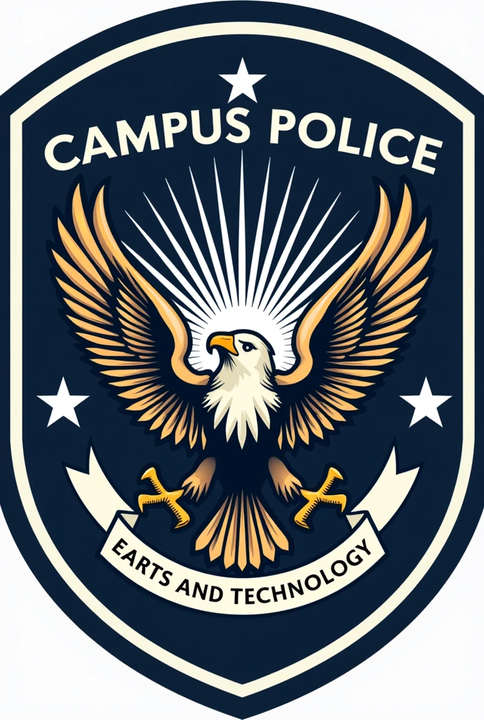 make a logo for campus police, the school name is Early Christian College of Arts and Technology, the middle part is the logo of the school and a sun rays with two stars and eagle in the middle too