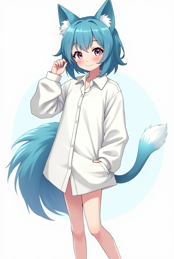 Manga style girl dress with only a large white botton shirt with a blue animal tail 