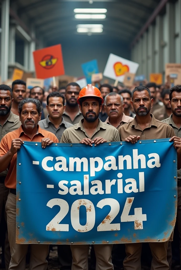 A high-definition Canon DSLR photo of a large group of Brazilian metalworkers, men and women, standing united in front of a modern factory. Their skin and uniforms are marked with dirt, and they hold a large blue banner with white text that reads "Campanha Salarial 2024" in Portuguese. In the background, more workers hold various banners and posters, adding depth and energy to the scene. The sharp image captures the determination on their dirt-streaked faces and the dynamic atmosphere of their collective struggle.