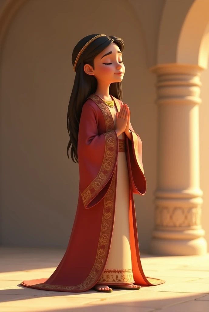 young woman praying with eyes closed standing in israelite robe animated pixar