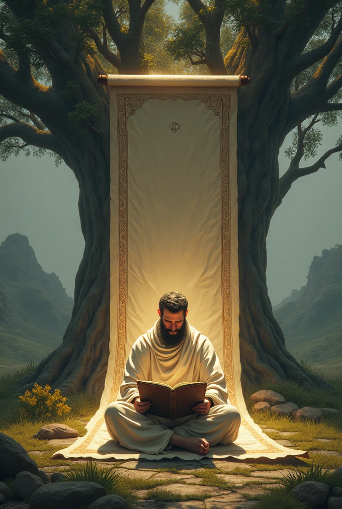 religious man,reading a scroll ,on one side day on the other night ,a beautiful tree in the background