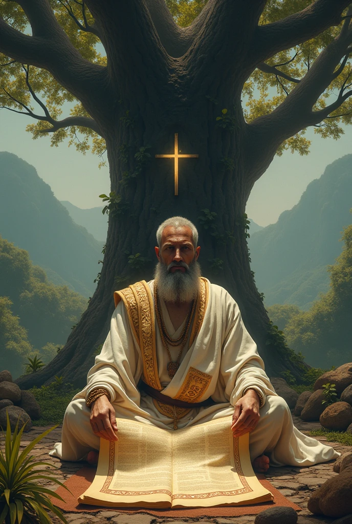 religious man,reading a scroll ,on one side day on the other night ,a beautiful tree in the background