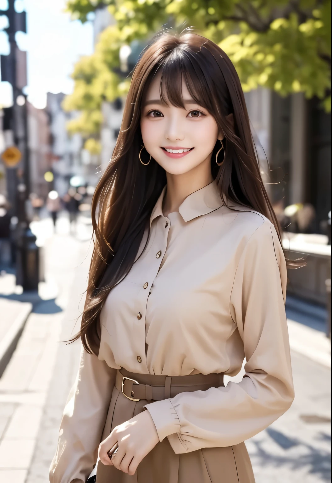 masterpiece、Highest quality、whole body、One Girl、bangs、Japanese、Long Black Hair、long hair、check style、Town、brown、smile、alone、Stylish woman、Pastel colored outfits、front、Luxury background elements、Confident expression、Modern and trendy、Fashion focused