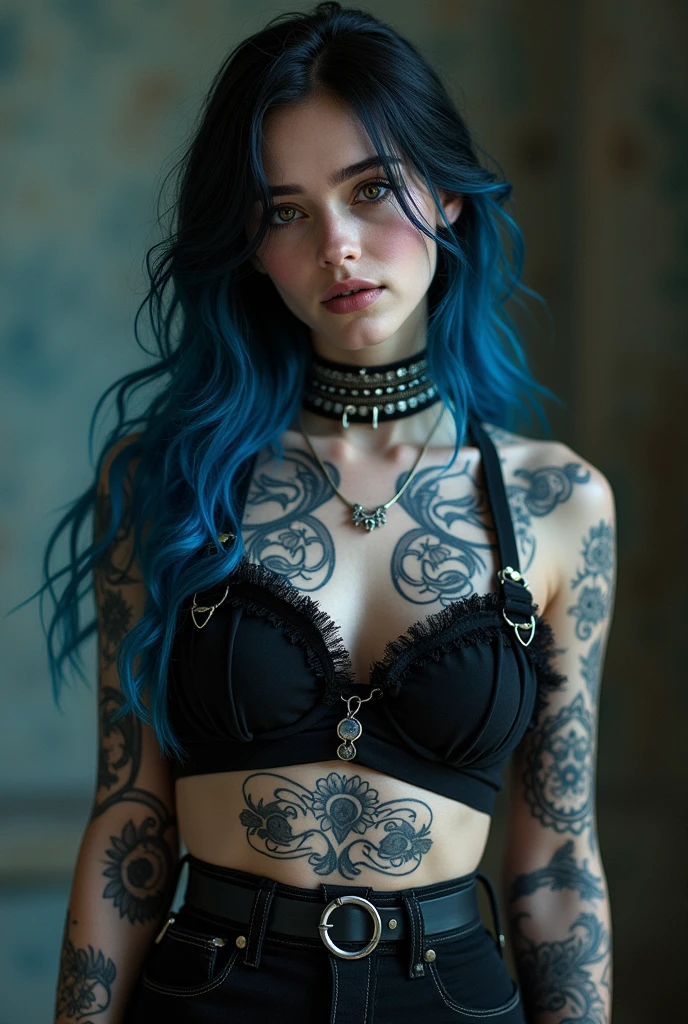 Make a 20 year old girl. medical student. white, black hair with blue highlights. Heterochromatic eyes: grey-honey and blue-honey. full lips, a mole on the left cheek, slim and defined jaw. hourglass body, big breasts and big buttocks, small waist, tattoos all over his body. piercing septum, nostril, on the eyebrow and ears. gothic 